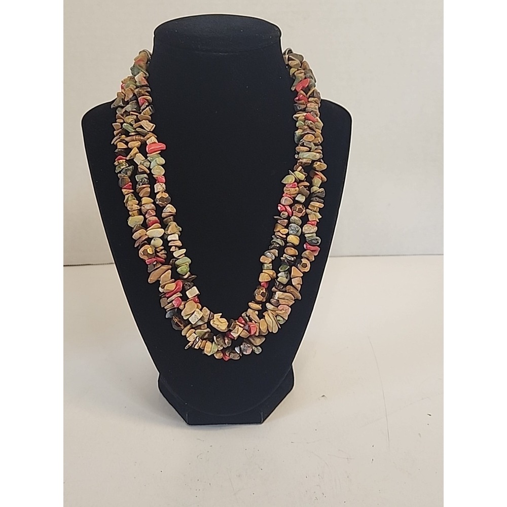 Triple‎ Strand Handmade Natural Stone Chip Necklace Earthtones 20.75"